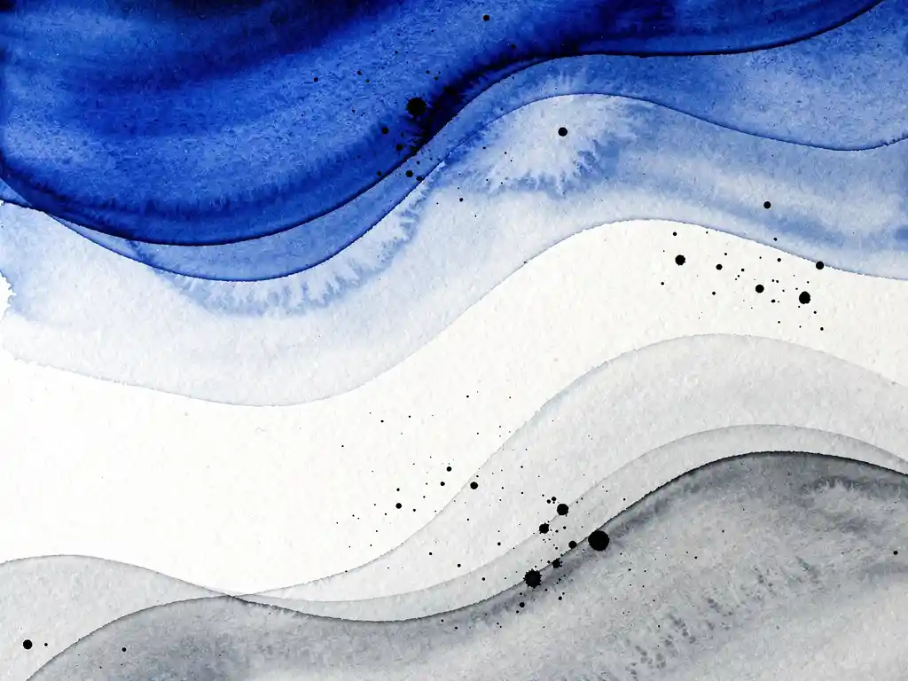 Abstracte aquarel met diepblauwe en grijze kleuren die vloeiend overgaan, witte ruimtes en zwarte accenten op papier