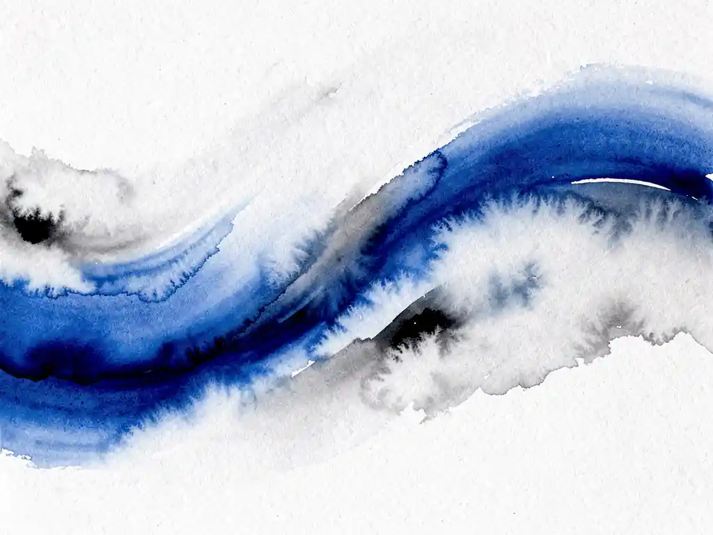 Abstracte aquarel met diepblauwe vlekken die overvloeien in witte wolken en grijze accenten op gestructureerd papier