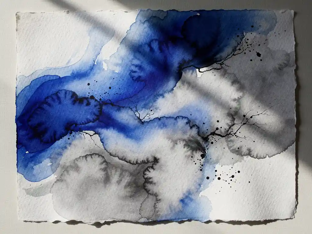 Abstracte aquarel met diepblauwe en grijze tinten die vloeiend overgaan op wit papier, zwarte inktdruppels creëren natuurlijke kleurovergangen