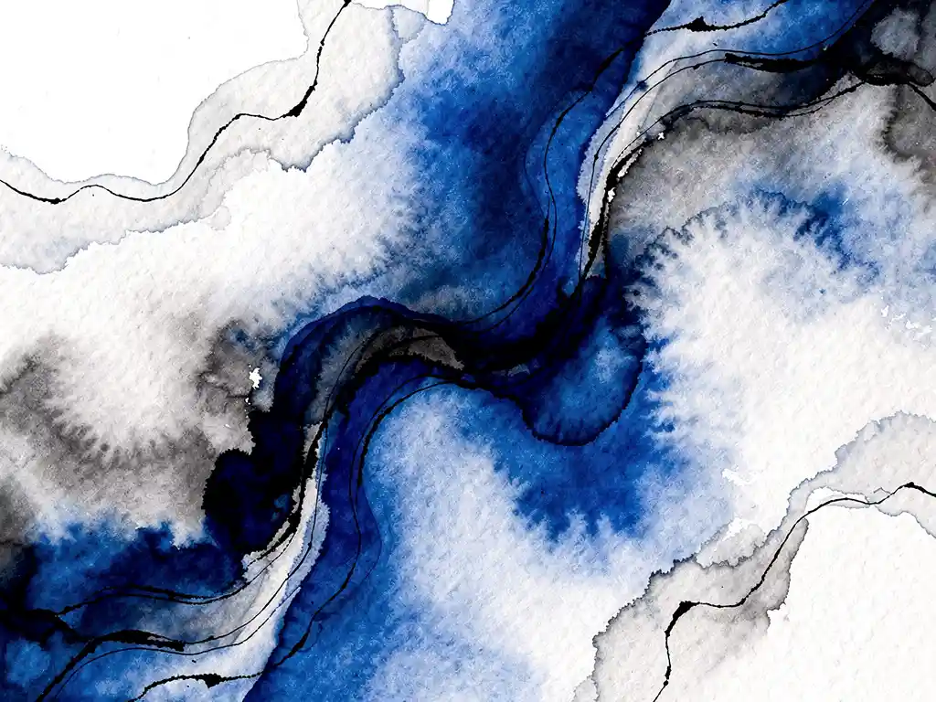 Abstracte aquarel met elektrisch blauwe verf die overvloeit in witte wolken en grijze tinten, organische beweging