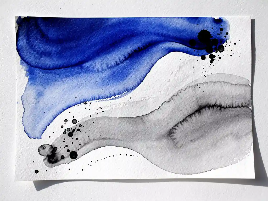 Abstracte aquarelverf in diep kobaltblauw vloeit over gestructureerd papier met grijze tinten en witte ruimtes