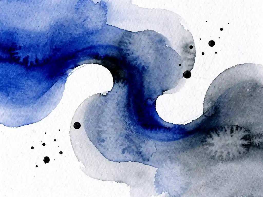 Abstracte aquarel met diep kobaltblauwe verfstromen die overvloeien in grijze tinten en witte negatieve ruimtes op gestructureerd papier