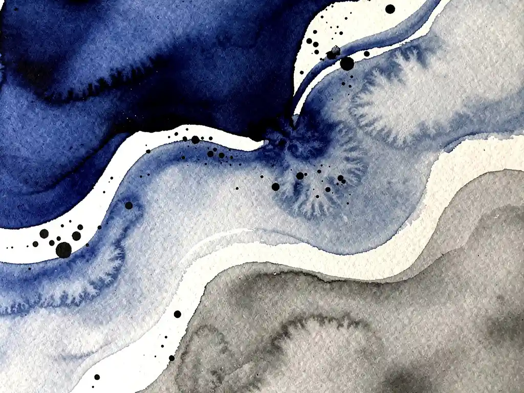Abstracte aquarel in diepblauw en grijs met organische vloeistoffen en inktdruppels op getextureerd papier