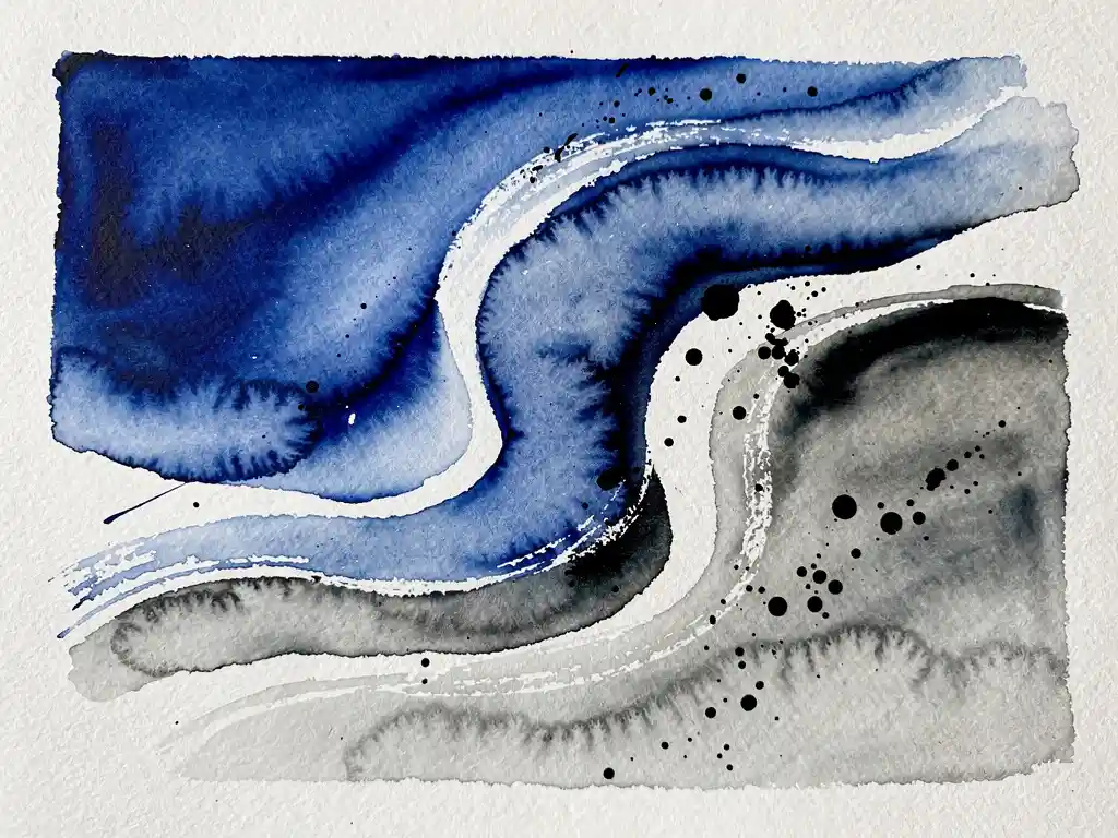 Abstracte aquarelverf in diep kobaltblauw vloeit in grijze tinten met zwarte inktdruppels op wit papier