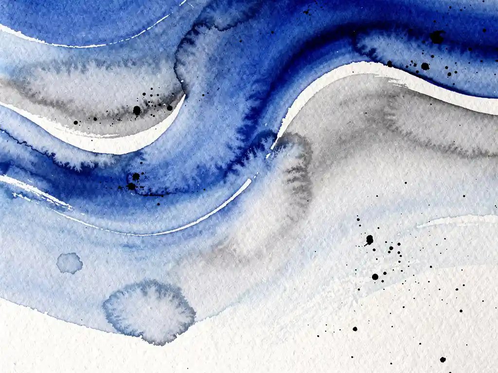 Abstracte aquarel met elektrisch blauwe verf die overvloeit in zachte grijze tinten op gestructureerd papier