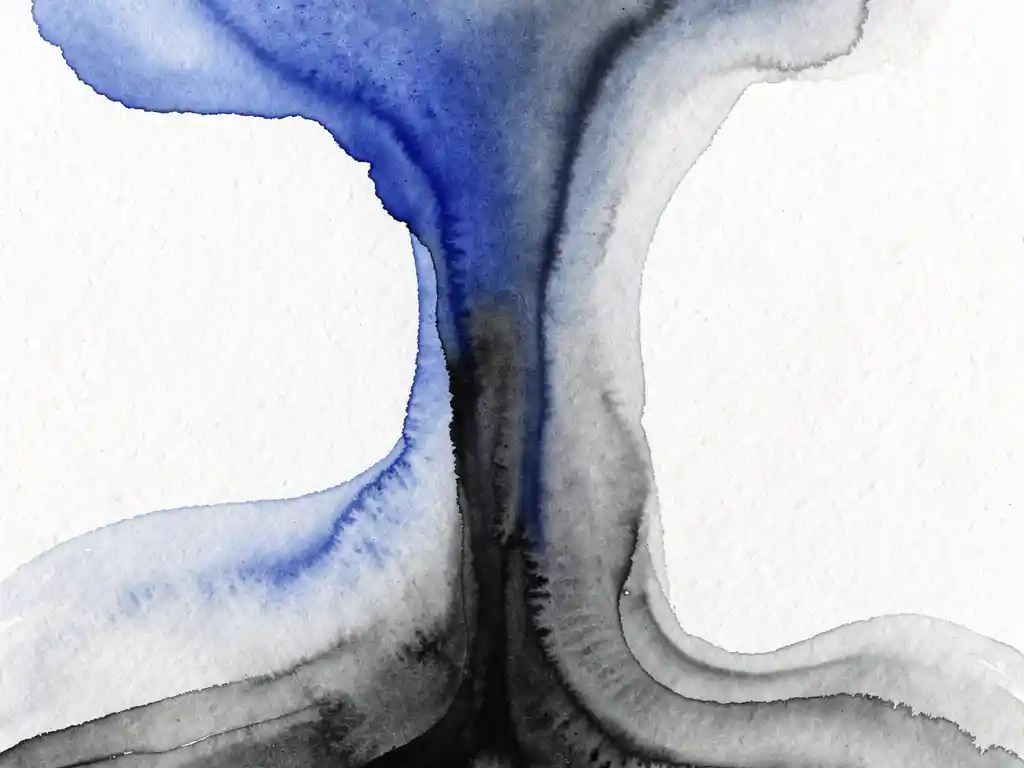 Abstracte aquarel met opwaartse beweging in kobaltblauw en grijstinten, symboliseert carrièregroei in de energiesector