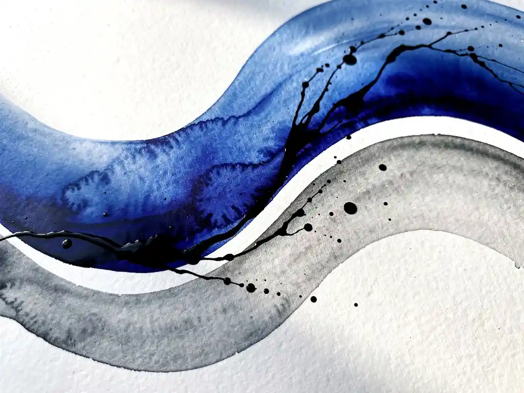 Abstracte aquarel in diepblauw en grijs met zwarte inktdruppels op getextureerd papier, bovenaanzicht