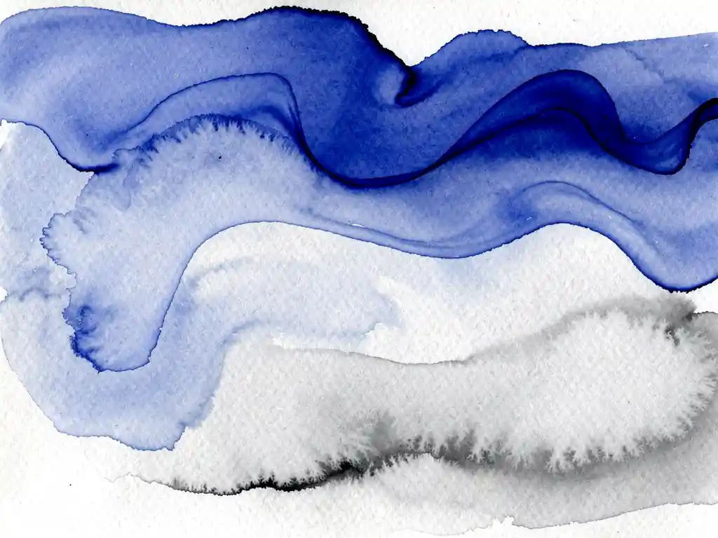 Abstracte aquarel met cobaltblauwe verfstromen die overgaan in zachte grijstinten op wit papier