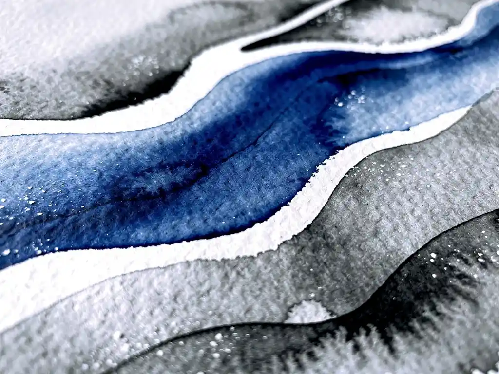 Elektrisch blauwe aquarelverf vloeit in grijze tinten over gestructureerd papier met witte negatieve ruimtes