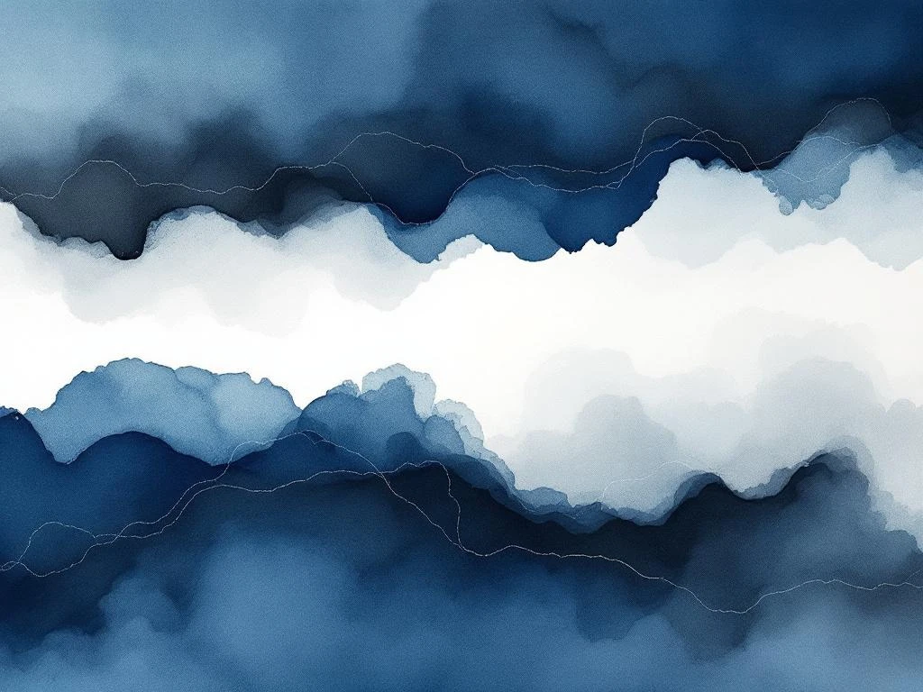 Abstracte minimalistische aquarel met vloeiende diepblauwe verfwassen, grijze tinten en zwarte accenten op wit papier