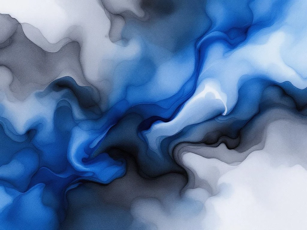 Abstracte minimalistische aquarel met vloeiende blauwe, witte, zwarte en grijze tinten in organische kleurovergangen