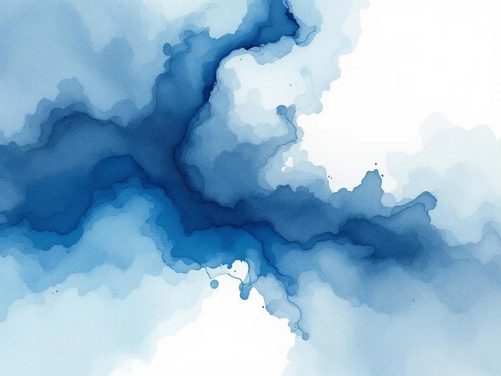 Abstract waterverf schilderij met vloeiende diepblauwe, witte en grijze tinten in organische, wolkachtige vormen