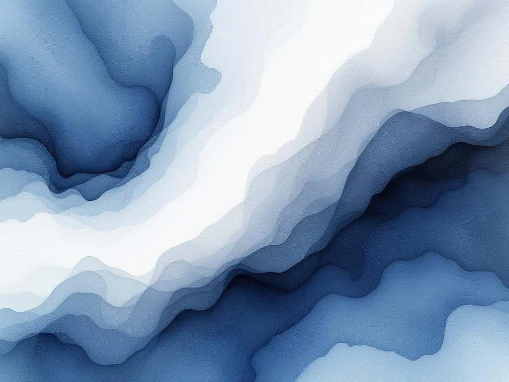 Abstracte minimalistische aquarel met vloeiende kleurovergangen in diepblauw, wit, grijs en zwart tinten