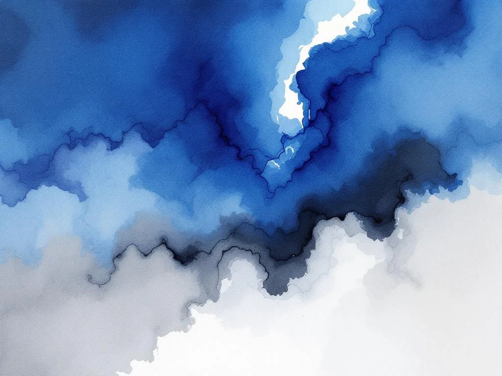 Abstracte minimalistische aquarel met vloeiende blauwe, witte, zwarte en grijze tinten in natuurlijke gradiënten