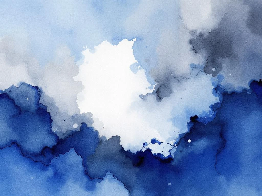 Abstract aquarel schilderij met vloeiende blauwe, witte, grijze en zwarte tinten in minimalistische stijl