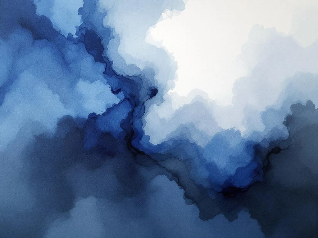 Abstracte minimalistische aquarel met vloeiende blauwe, witte, zwarte en grijze kleurvlakken in zachte overgangen