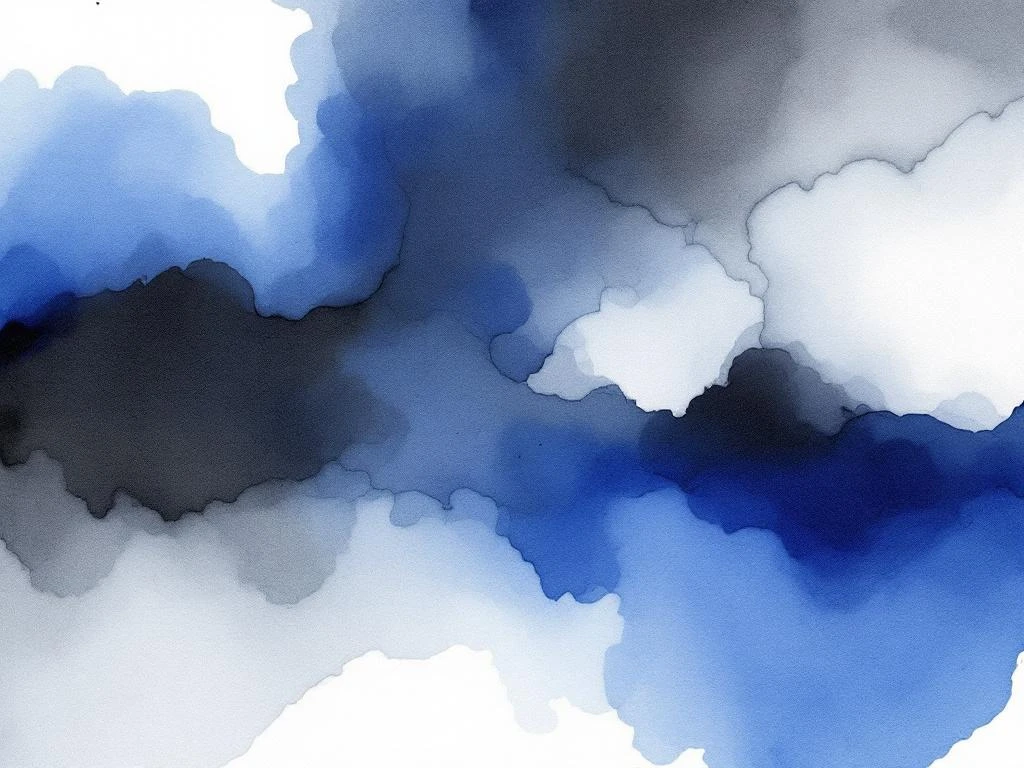 Abstracte minimalistische aquarel met vloeiende blauwe, witte, zwarte en grijze tinten in organische vormen