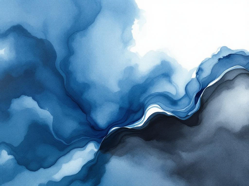 Abstracte minimalistische aquarel met vloeiende blauwe, witte, grijze en zwarte tinten in organische vormen