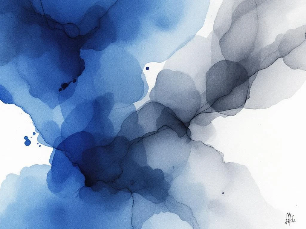 Abstract aquarel schilderij met vloeiende blauwe, witte, grijze en zwarte tinten in minimalistische stijl