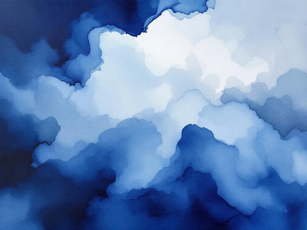 Abstracte minimalistische aquarel met vloeiende kleurovergangen in koningsblauw, wit, zwart en grijs tinten