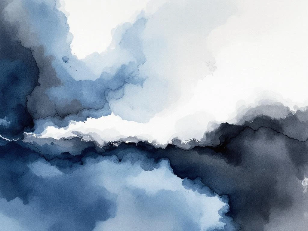 Abstracte minimalistische aquarel met vloeiende blauwe, witte, grijze en zwarte kleurovergangen in organische vormen