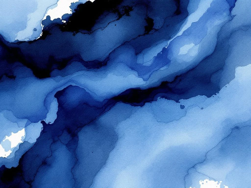Abstract aquarel schilderij met vloeiende blauwe, witte en grijze kleurovergangen in minimalistische stijl