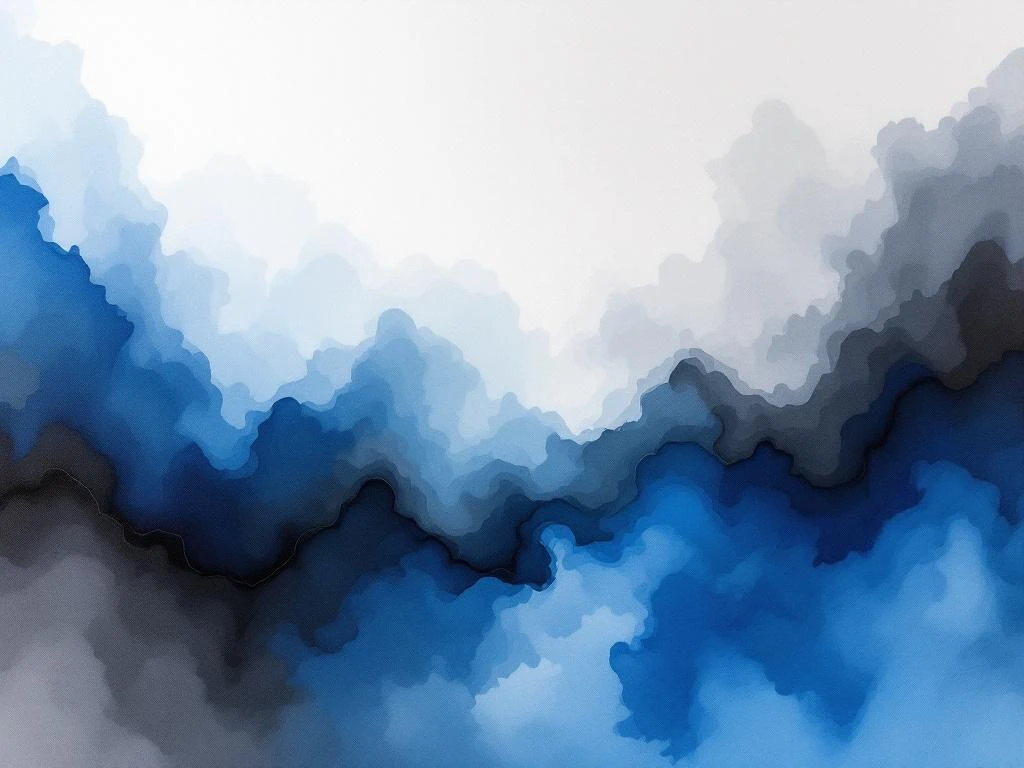 Abstracte minimalistische aquarel met vloeiende blauwe, witte en grijze kleurovergangen in horizontale compositie