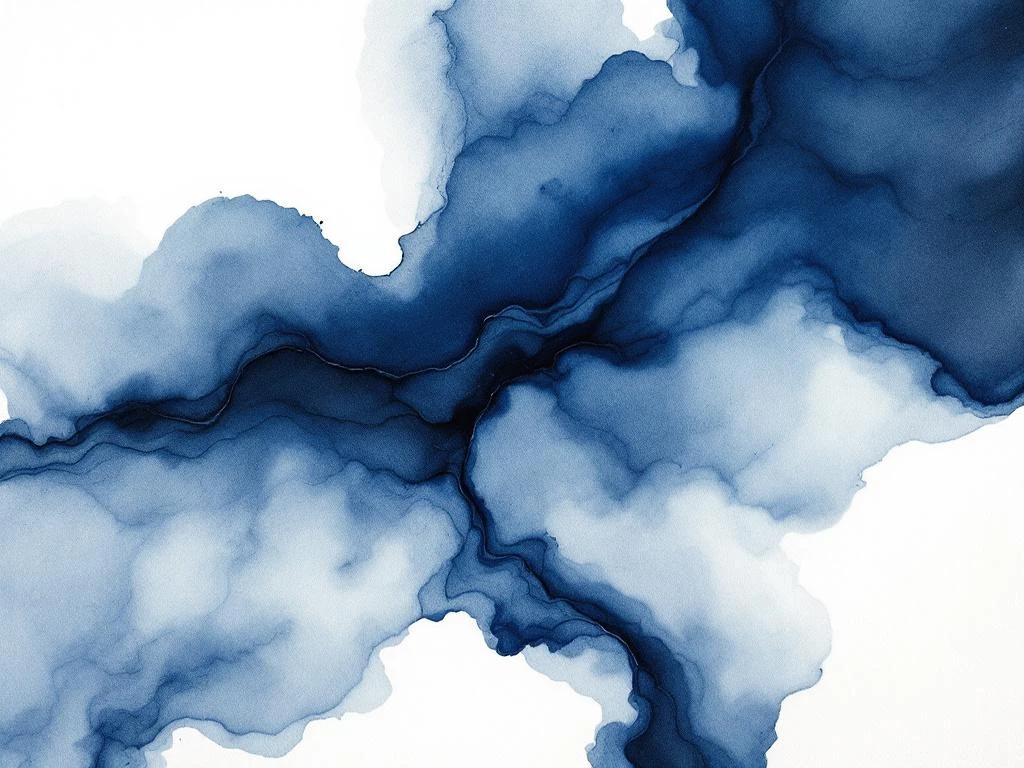 Abstract waterverf schilderij met vloeiende diepblauwe, witte en grijze kleurovergangen in minimalistische stijl