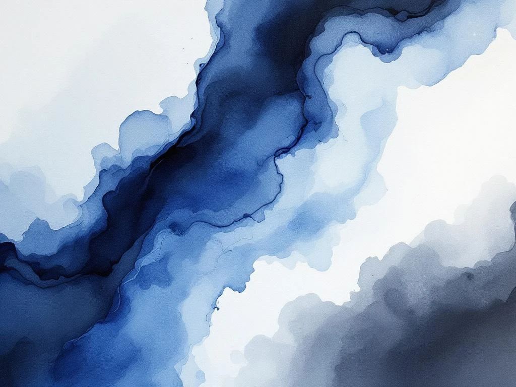 Abstracte minimalistische aquarel met vloeiende blauwe, witte, grijze en zwarte kleurovergangen zonder vaste vormen