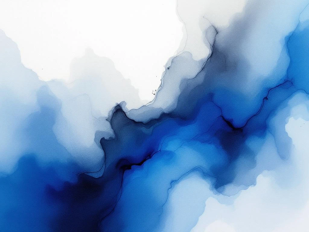 Abstracte minimalistische aquarel met vloeiende koninksblauw, wit, grijs en zwarte tinten in organische vormen