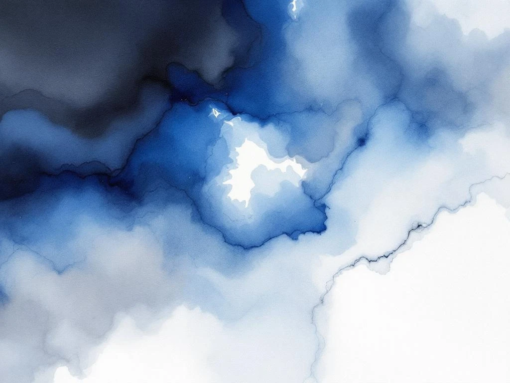 Abstract waterverf schilderij met vloeiende koninksblauw, wit, zwart en grijze tinten in organische vormen