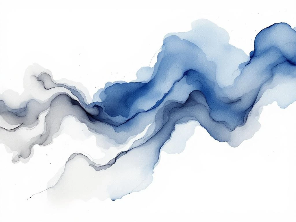 Abstract watercolor schilderij met vloeiende koninksblauw, wit, zwart en grijze tinten in organische vormen