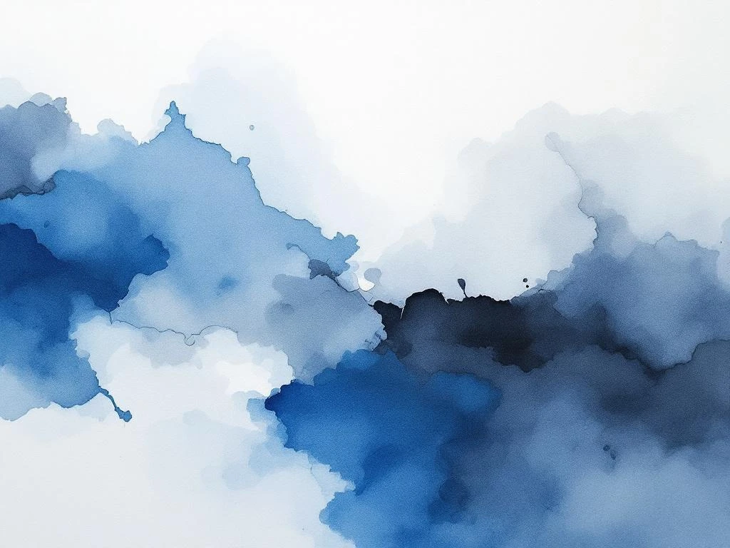 Abstract aquarel schilderij met vloeiende koninksblauw, wit, zwart en grijze kleurvlakken in minimalistische stijl