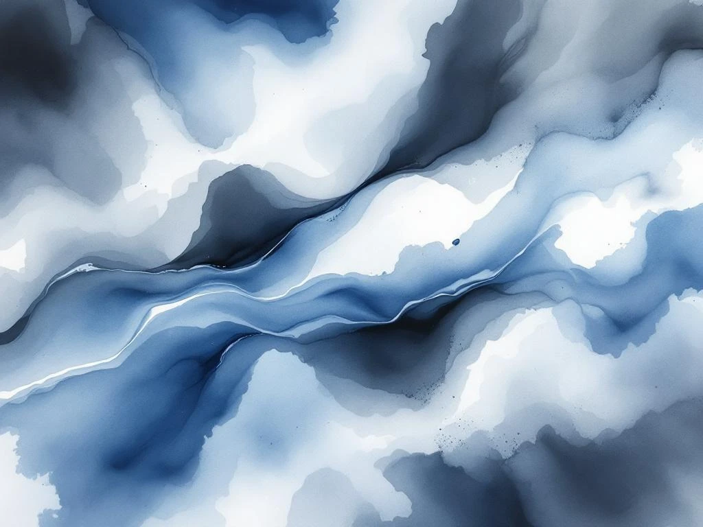 Abstract waterverf schilderij met vloeiende diepblauwe, witte en grijze tinten in minimalistische stijl