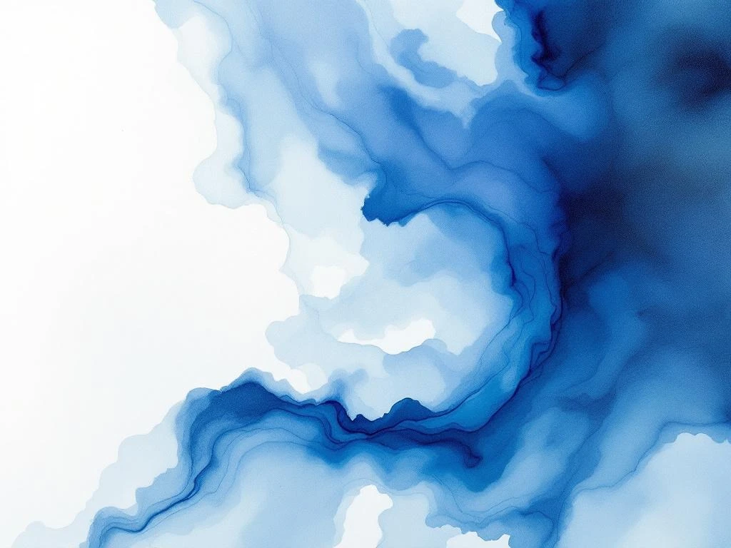 Abstracte minimalistische aquarel met vloeiende diepblauwe wassen, grijze overgangen en zwarte accenten op wit canvas