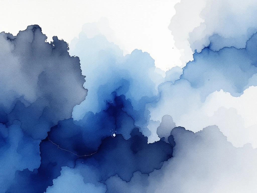 Abstracte minimalistische aquarel met vloeiende blauwe, witte, zwarte en grijze kleurovergangen in serene sfeer