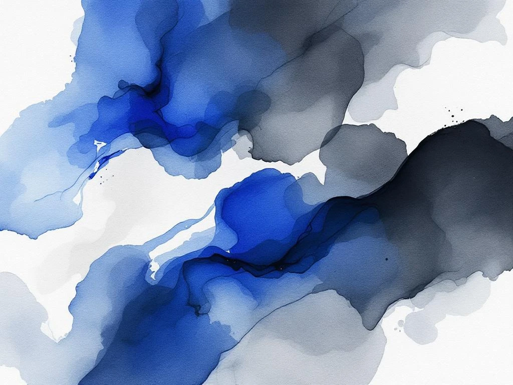 Abstracte minimalistische aquarel met vloeiende blauwe, witte, zwarte en grijze tinten in organische compositie