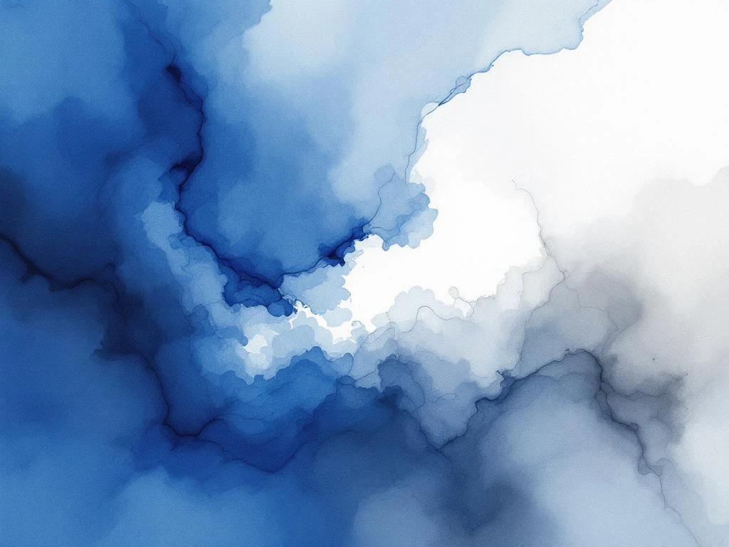 Abstracte minimalistische aquarel met vloeiende kleurovergangen in koningsblauw, wit, zwart en grijstinten