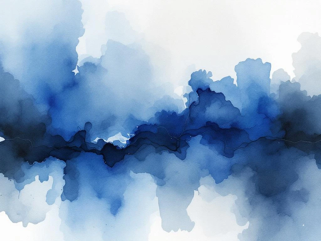 Abstract aquarel schilderij met vloeiende kleurovergangen in koningsblauw, wit, grijs en zwart tinten