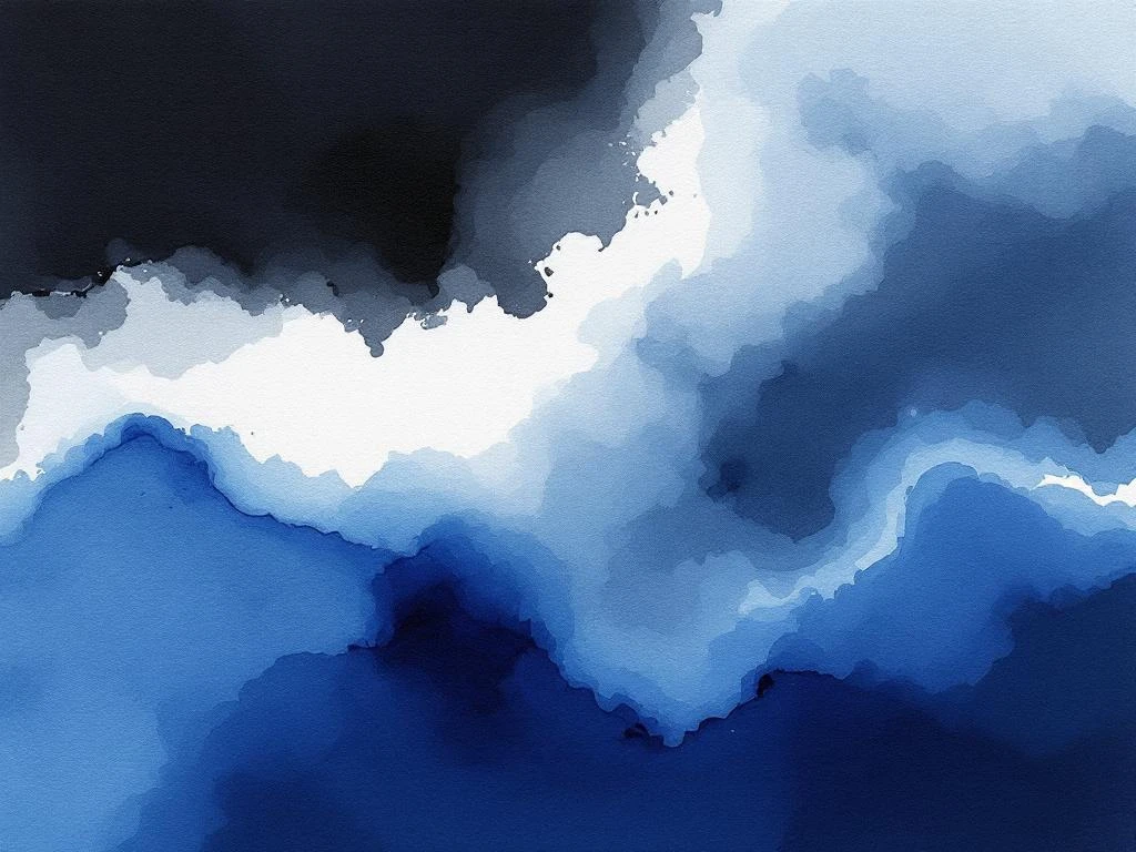 Abstract aquarel schilderij met vloeiende blauwe, witte, zwarte en grijze tinten in minimalistische stijl