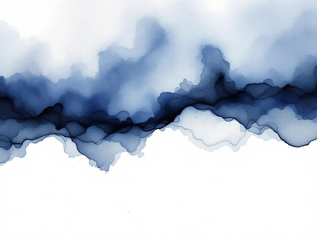 Abstract aquarel schilderij met vloeiende diepblauwe en grijze tinten op wit canvas, minimalistisch en organisch