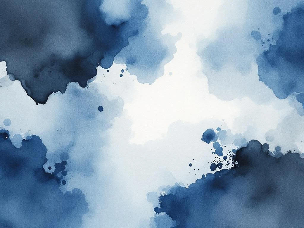 Abstracte minimalistische aquarel met vloeiende kleurovergangen in diepblauw, wit, zwart en grijs tinten