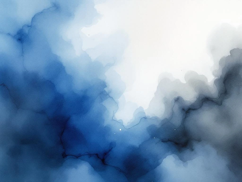 Abstract aquarel schilderij met vloeiende blauwe, witte, zwarte en grijze tinten in minimalistische stijl