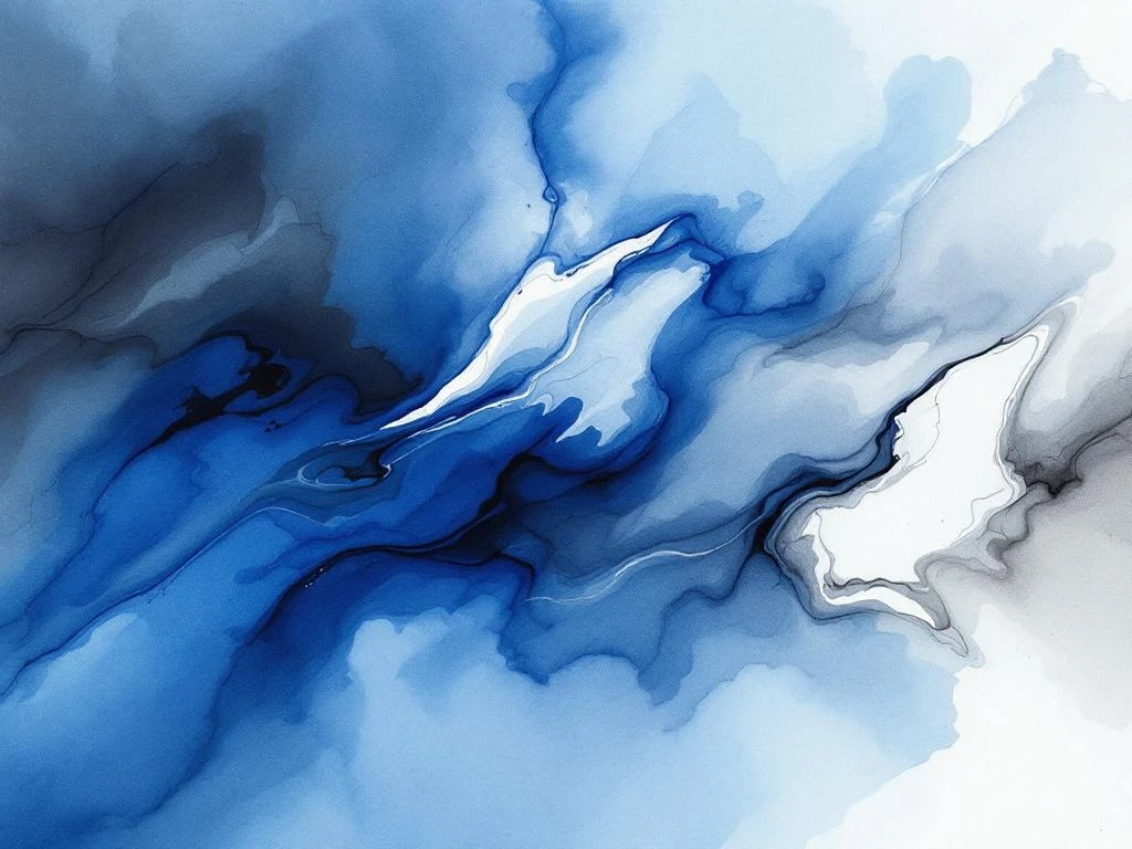 Abstract aquarel kunstwerk met vloeiende blauwe, witte, zwarte en grijze kleurovergangen in minimalistische stijl
