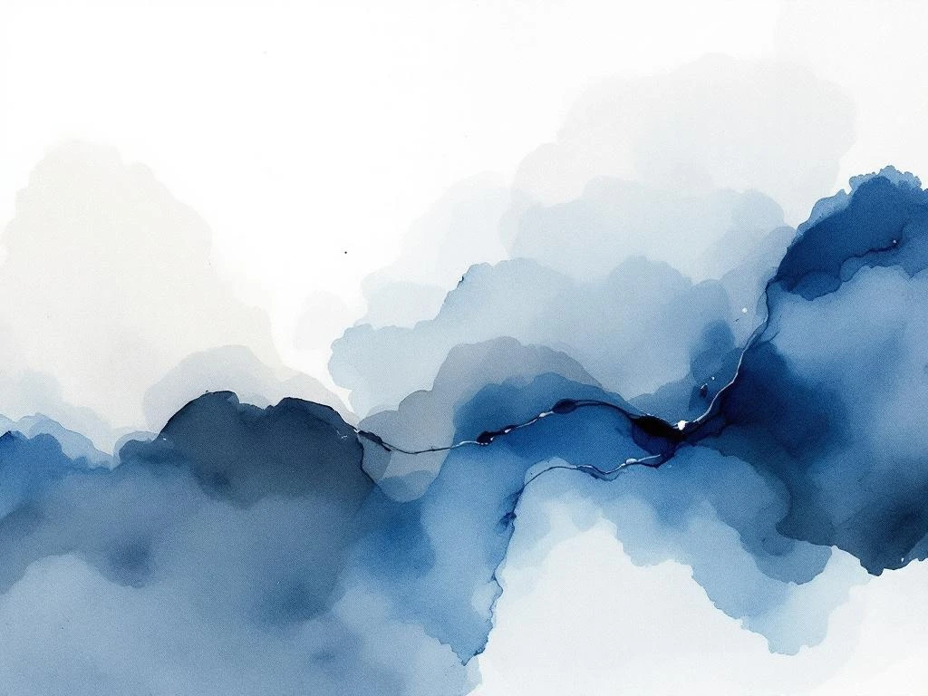 Abstracte aquarel met vloeiende blauwe, witte, grijze en zwarte tinten die organisch in elkaar overlopen