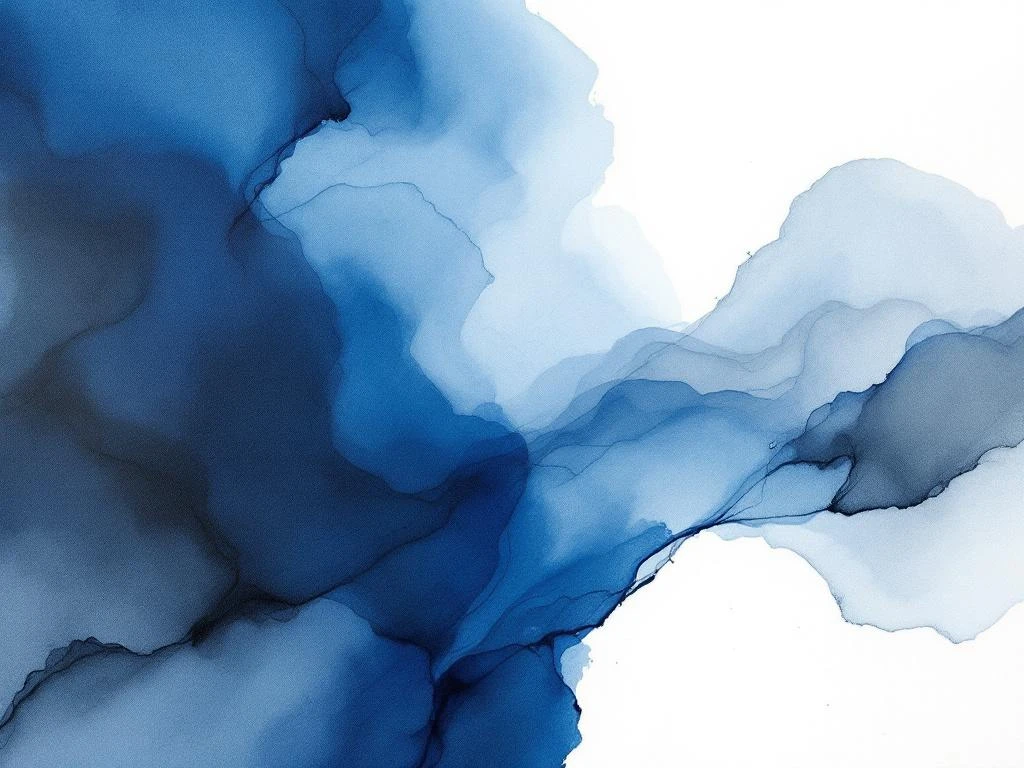 Abstracte minimalistische aquarel met vloeiende blauwe, witte, zwarte en grijze kleurovergangen in serene compositie