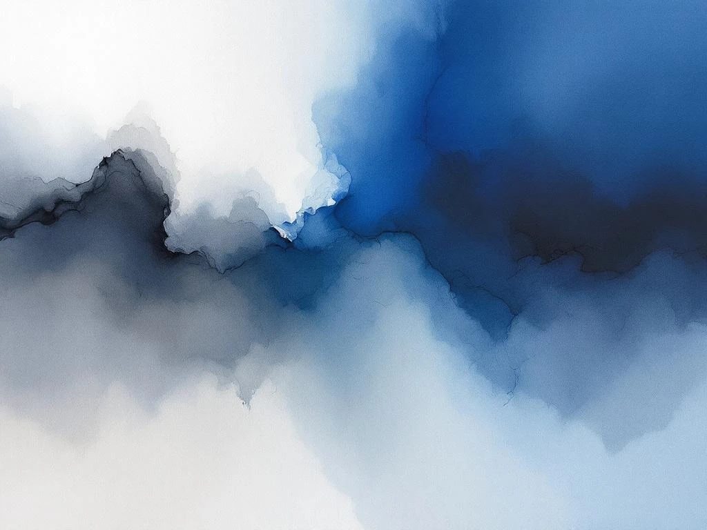 Abstracte minimalistische aquarel met vloeiende blauwe, witte, grijze en zwarte kleurovergangen zonder vormen