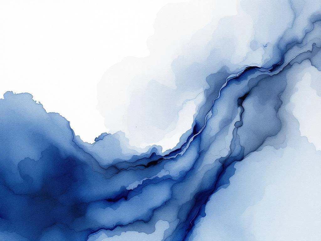 Abstract watercolor schilderij met vloeiende blauwe, witte, zwarte en grijze tinten in organische vormen