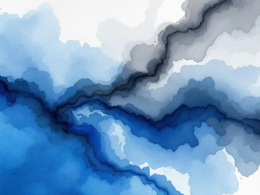 Abstracte minimalistische aquarel met vloeiende wassen in koningsblauw, wit, zwart en grijstinten