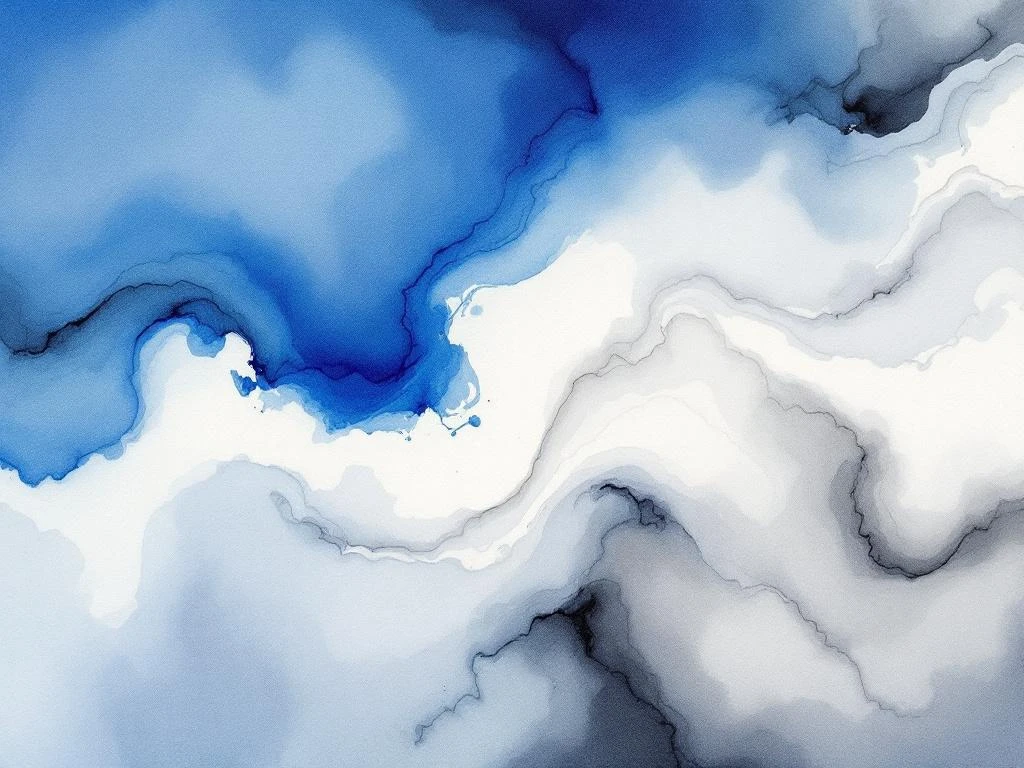 Abstract waterverf schilderij met vloeiende kleurovergangen in koningsblauw, wit, zwart en grijs tinten